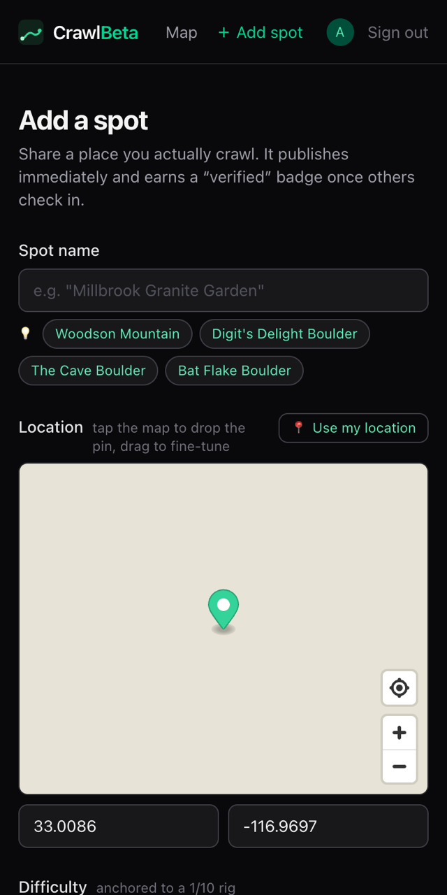 Adding a spot on CrawlBeta: pin dropped on the map with automatic name suggestions from nearby parks and rock features