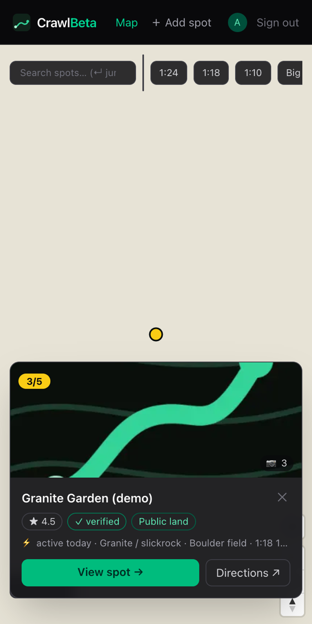 CrawlBeta map showing difficulty-colored spot pins with a preview card open for a rock crawling spot, including photo, rating, and land-access status